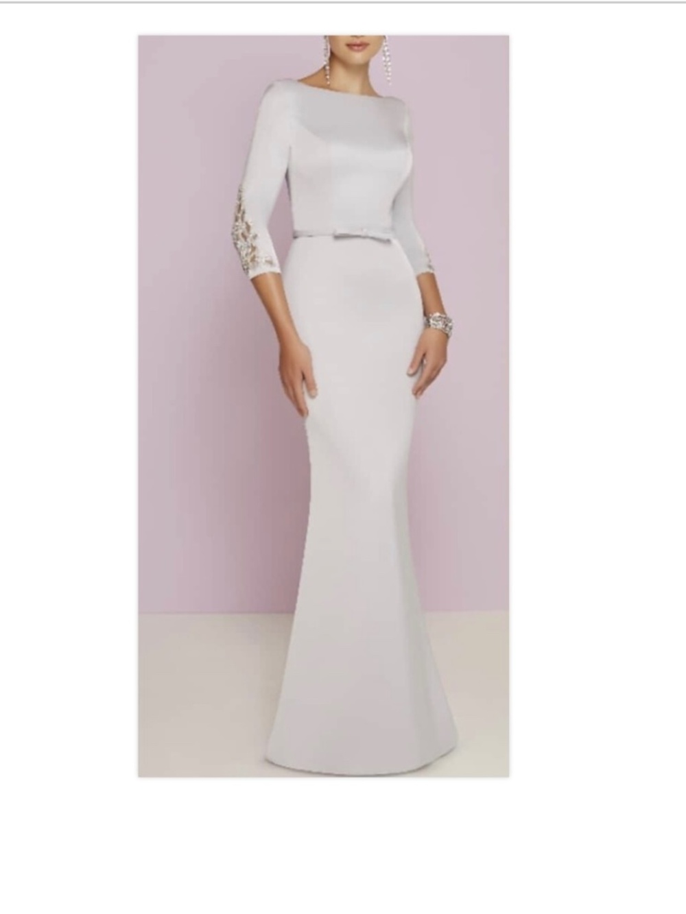 Satin Boatneck 3/4 Sleeve Silver Floor Length Column Dress size 2